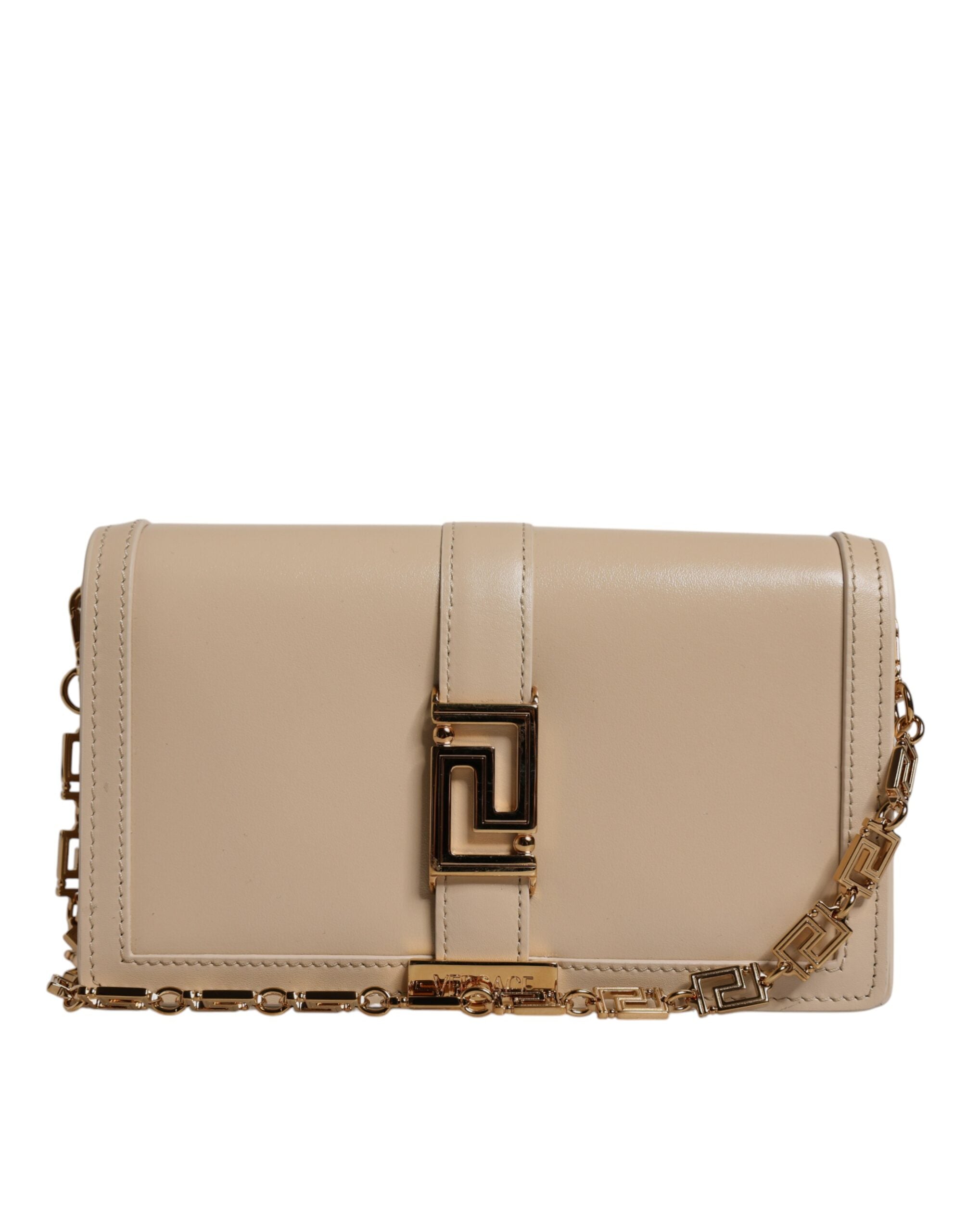 Versace
Beige Gold Chain Calf Leather Wallet Crossbody Bag - A beige Versace calf leather wallet crossbody bag with gold chain hardware.